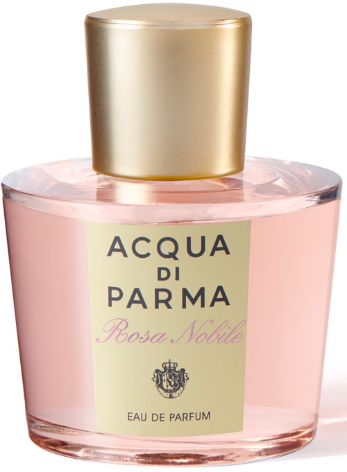A pink perfume bottle with a gold cap, labeled 'Acqua di Parma Rosa Nobile' and 'Eau de Parfum.'