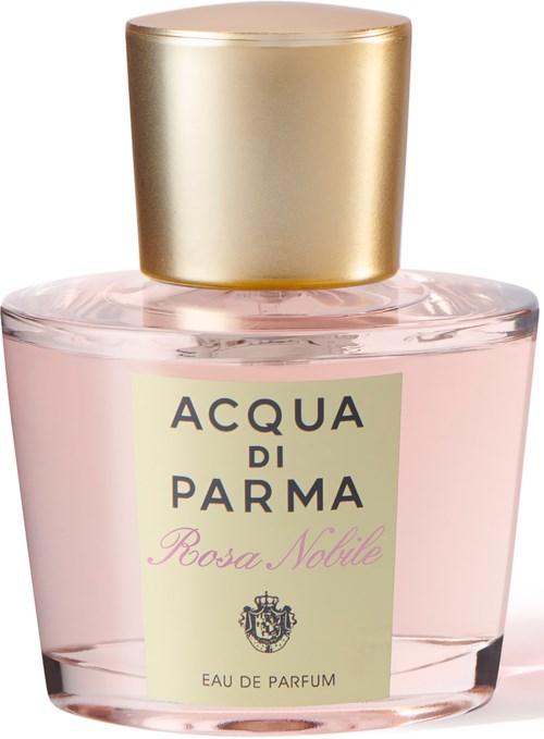 Een lichtroze parfumfles met een grote gouden dop, gelabeld 'Acqua di Parma Boisa Nobile', en een wapenlogo.