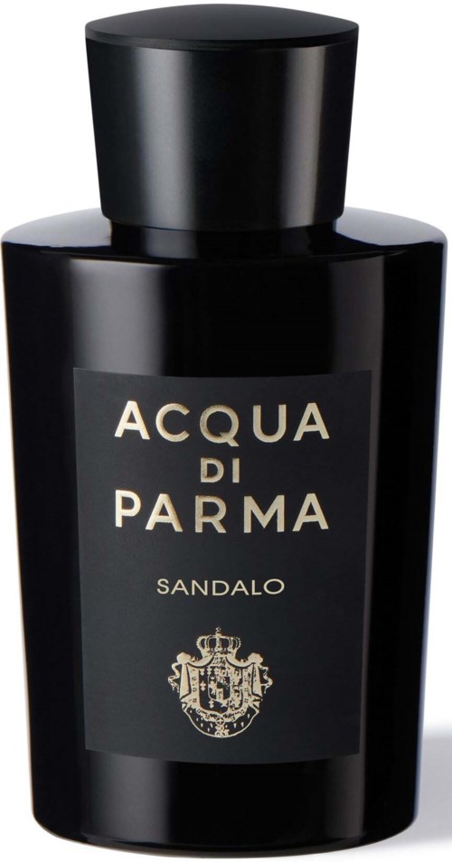 Dunkle Flasche mit silbernem Etikett für Acqua di Parma Sandalo Parfüm.