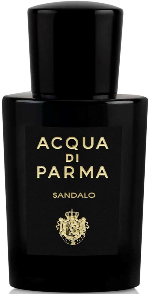 Eine schwarze Parfüflasche mit goldener Schrift "Acqua di Parma Sandalo."