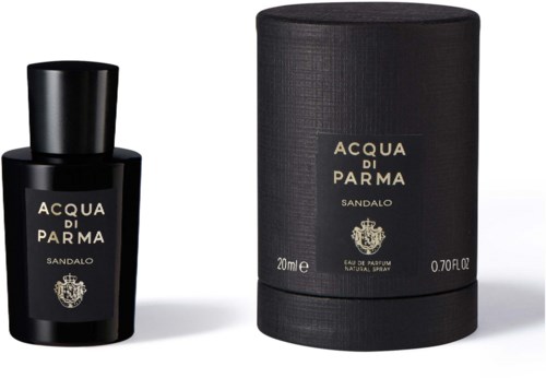 Eine schwarze Flasche und die dazu passende zylindrische Schachtel für Acqua di Parma Sandalo Parfüm.