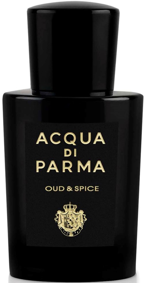 A black perfume bottle with gold lettering and crest, labeled 'Acqua di Parma Oud & Spice'.
