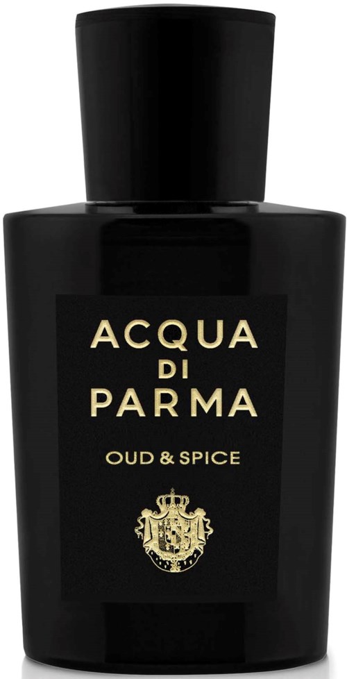A black perfume bottle labeled 'Acqua di Parma Oud & Spice' with a gold emblem.