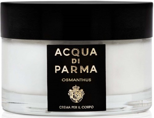 Valkoinen kerma kirkkaassa purkissa, musta kansi ja etiketti. Merkki on Acqua di Parma, Osmanthus.