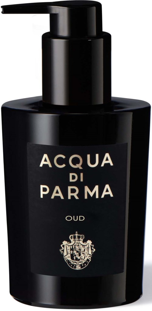 Musta pullo, jossa pumppu ja etiketti lukee Acqua di Parma Oud.