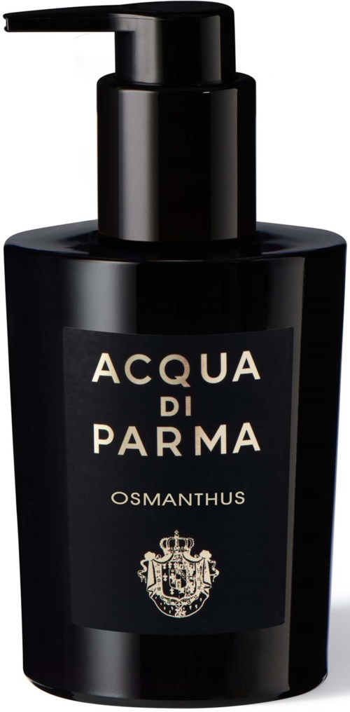 Black bottle with a pump, labeled 'Acqua di Parma Osmanthus,' featuring a crest emblem.