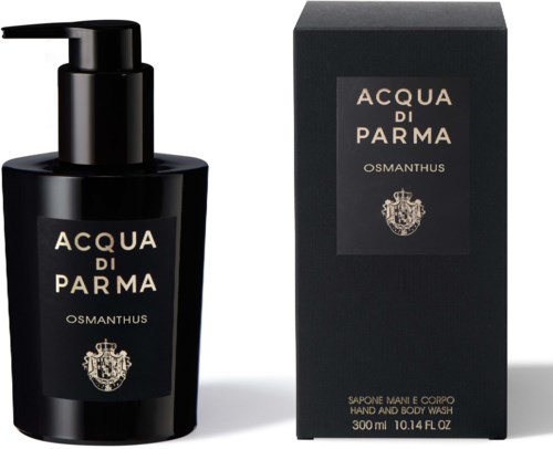 Black hand and body wash bottle with a matching black box, both labeled 'Acqua di Parma Osmanthus,' 300 ml size.
