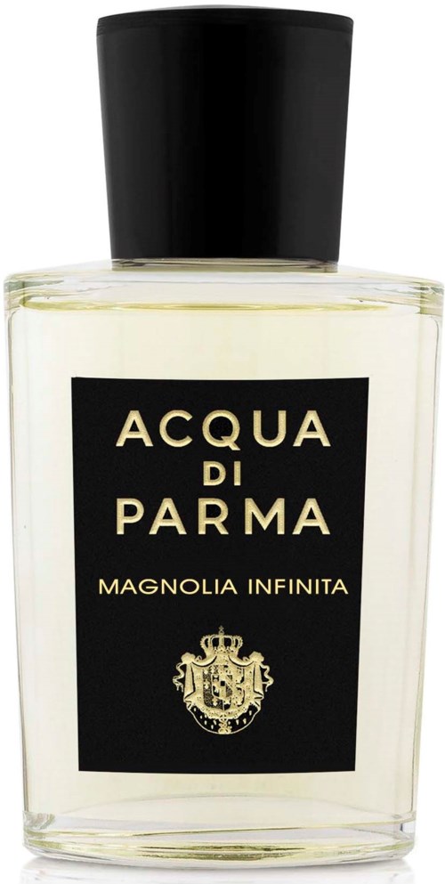 A clear perfume bottle with a black cap, labeled 'Acqua di Parma Magnolia Infinita' and a crest symbol.