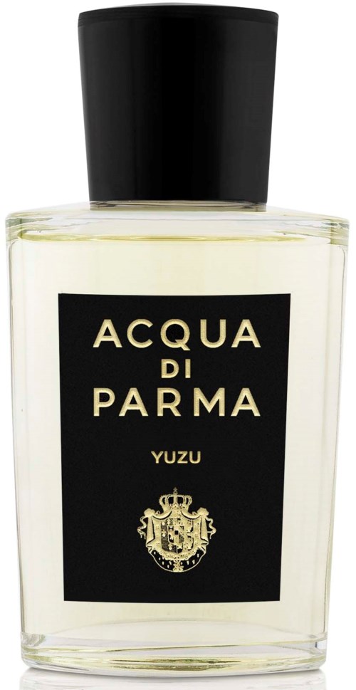 A perfume bottle labeled Acqua di Parma Yuzu with a black cap and clear glass.