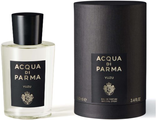 A perfume bottle and its cylindrical box, both labeled 'Acqua di Parma Yuzu,' are shown side by side.