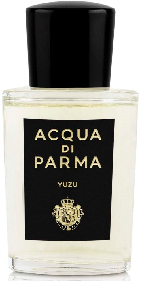Hajuvesipullo, jossa lukee 'Acqua di Parma Yuzu', musta korkki ja vaakunamerkki alhaalla.