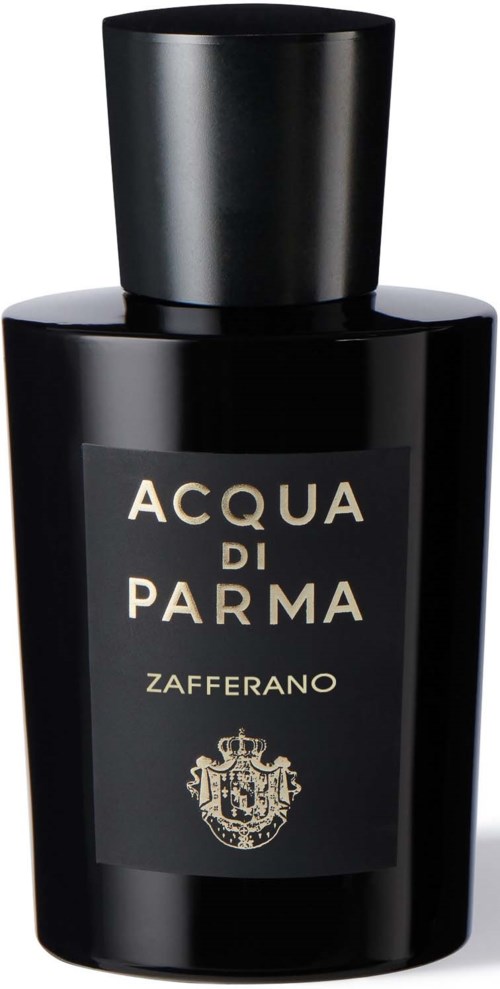 A black perfume bottle with a label saying 'Acqua di Parma Zafferano' and a crest logo.