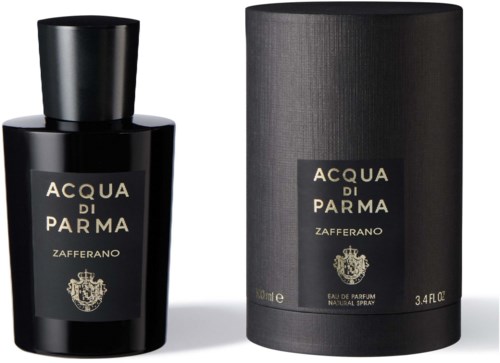 A perfume bottle and container, both black with gold lettering, labeled 'Acqua di Parma Zafferano'.