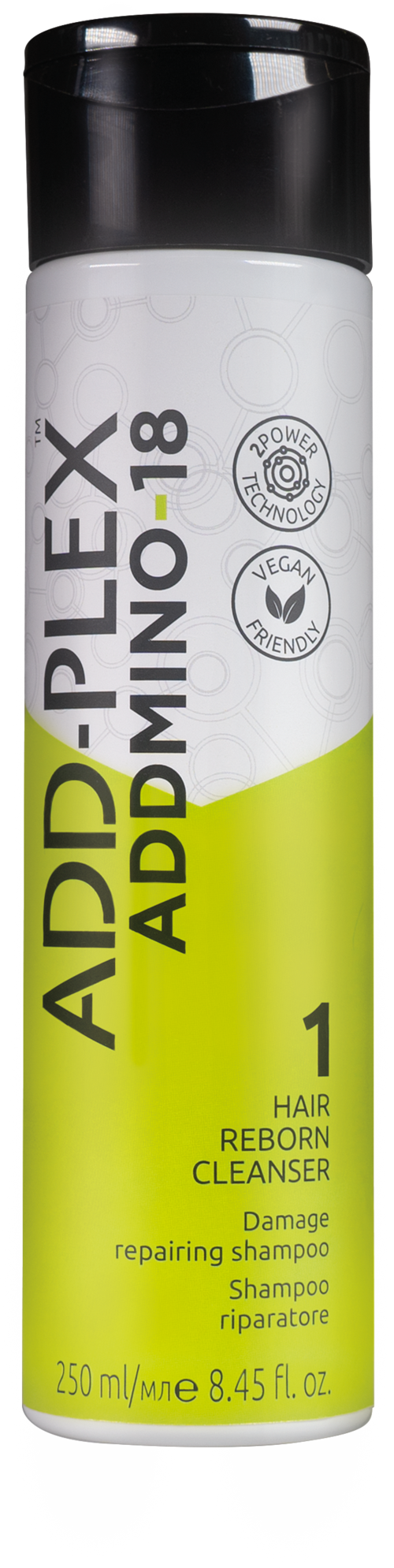 A green and white bottle of ADDIPLEX hair shampoo for damaged hair repair, 250ml size.