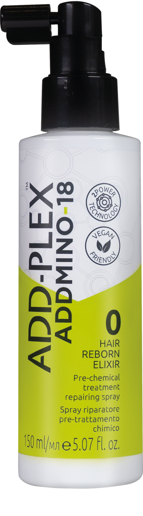 A white bottle with black spray nozzle, labeled 'AD-PLEX ADDM NO. 18' for hair treatment, 150ml.