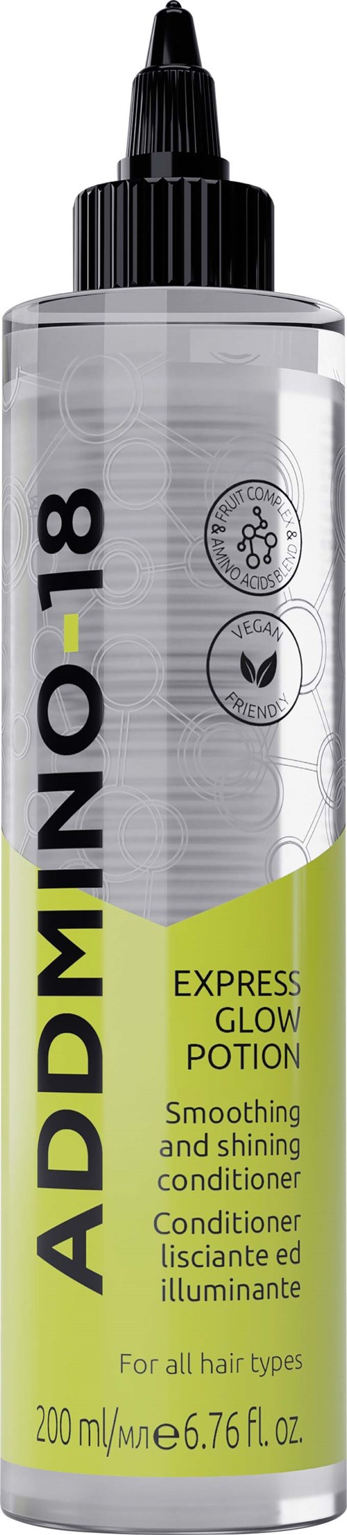 A clear bottle with black cap, yellow and gray label, containing Addomin O-18 Express Glow Potion for hair.