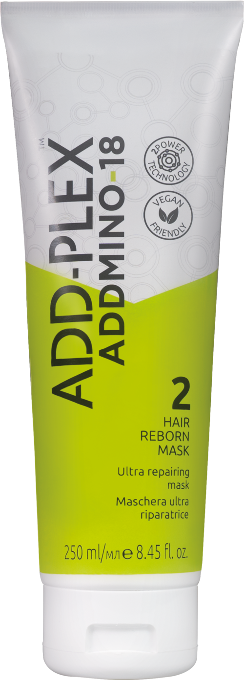 A tube of hair mask labeled 'ADDIPLEX ADPLUMINO 18' for repairing hair, contains 8.45 fl oz, with natural and vegan goals.