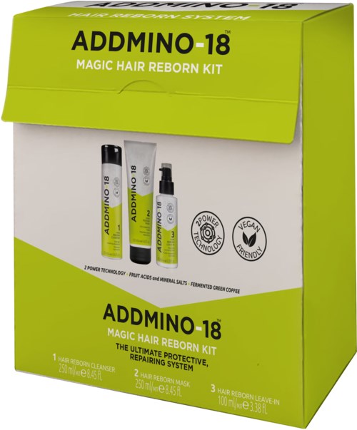 Green box with hair repair products, including a cleanser, mask, and leave-in. Labels mention hair benefit and vegan ingredients.