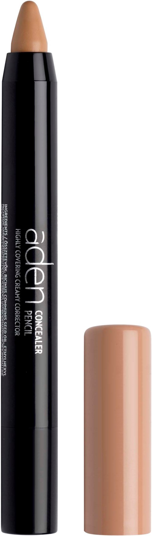 En beige blyant med svart kropp og beige lokk, merket 'a.der' og 'NUDE' for sminke.