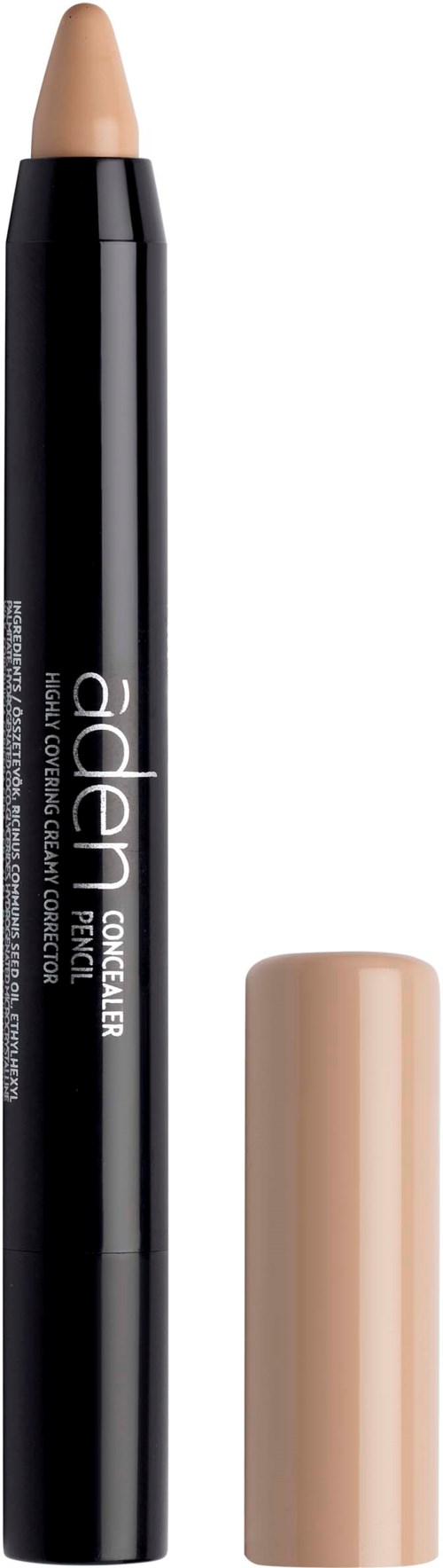 En beige concealerstift med svart beholder og beige lokk.