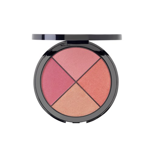 En rund sminke blush palette med fire forskjellige nyanser av rosa, fersken og korall. Små svarte linjer skiller seksjonene.