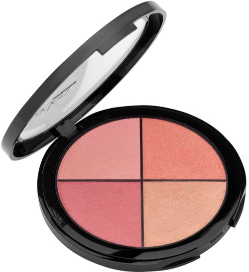 Fire blush-seksjoner i rosa, fersken og korall i en rund svart sminke-eske med speil.