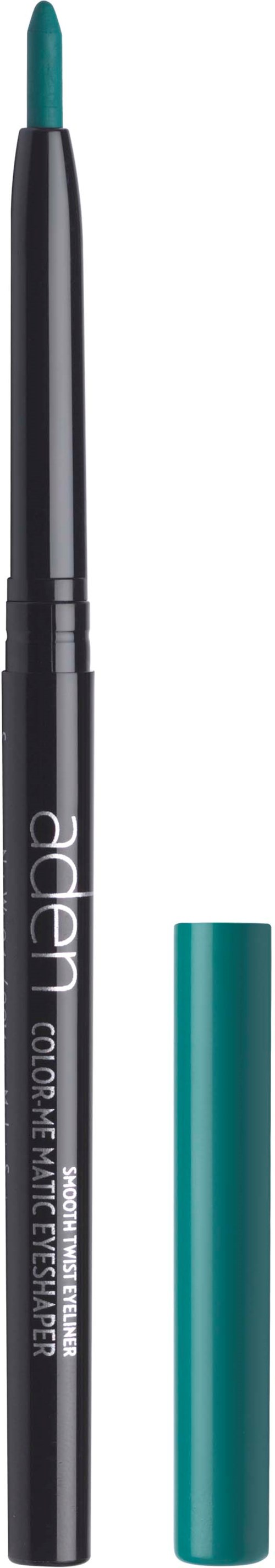 Een groen en zwart potlood met kap, gemerkt "Aden" en "Concealer Highlighter."