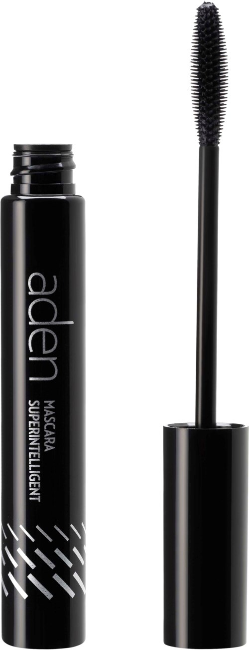 Een zwarte mascara-flacon met een wimperkwast, gelabeld "aderm mascara superintelligent," op een witte achtergrond.