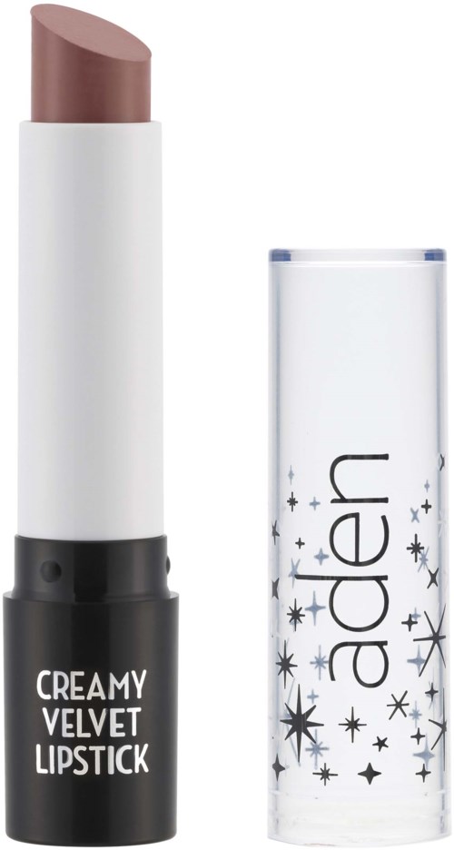 Läppstift i brunt, i vit behållare med svart bas märkt "Creamy Velvet Lipstick."
