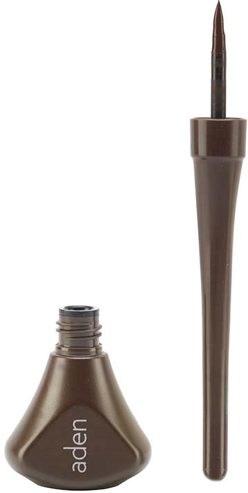 Eine braune flüssige Eyeliner-Flasche mit langem Pinsel. Der Markenname 'aden' ist auf der Flasche.
