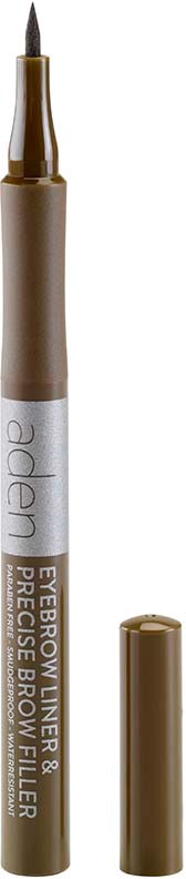 A brown eyebrow pencil with a cap, labeled as an eyebrow and brow filler product.