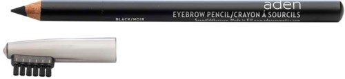 Ein schwarzer Augenbrauenstift mit einem Kunststoffdeckel. Kurz, zum Formen von Augenbrauen. Text auf dem Stift lautet "eyebrow pencil."