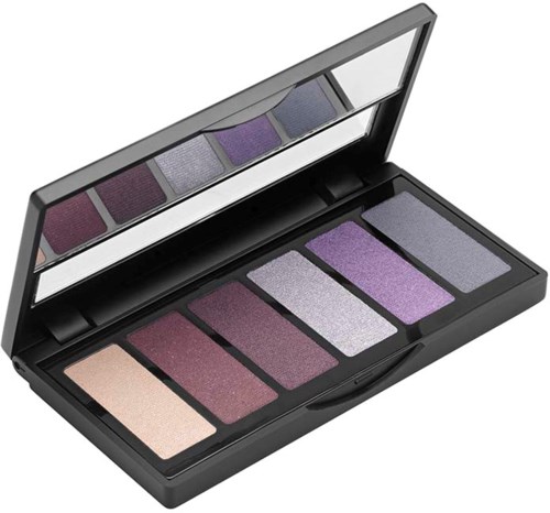 En makeup-palett med sex lila och rosa nyanser, några skimrande, i ett svart fodral med spegel.