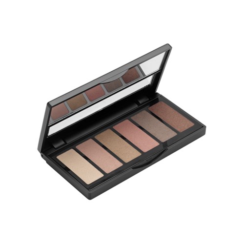 En svart makeup palett med sex skuggor av ögonskugga i ljusa till mörka färger.