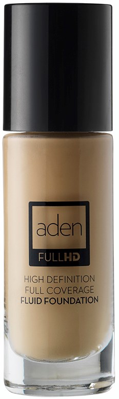 A bottle of aden full HD liquid foundation with a black cap and beige liquid inside.