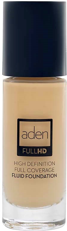 Een flesje Aden Full HD vloeibare foundation met zwarte dop, voor volledige dekking en hoge definitie afwerking.
