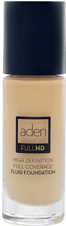 A bottle of Aden Full HD liquid foundation with a dark cap and beige liquid inside.