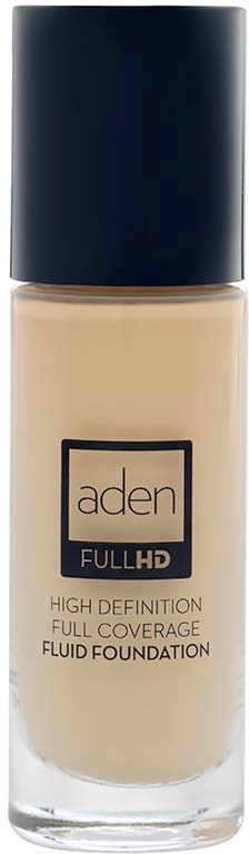 A bottle of Aden Full HD liquid foundation with a black cap and label showing product details.