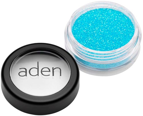A small container of bright blue glitter and a black lid labeled "aden."