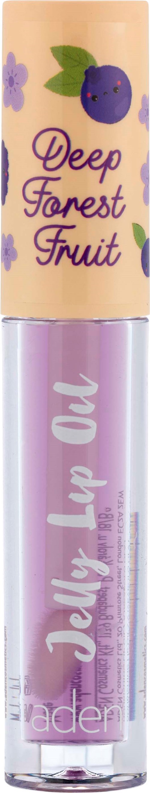 Läppärasvuputki, jossa on violetti väri ja teksti 'Jelly Lip Oil', koristeltu marjoilla ja kukilla, nimeltään 'Deep Forest Fruit.'
