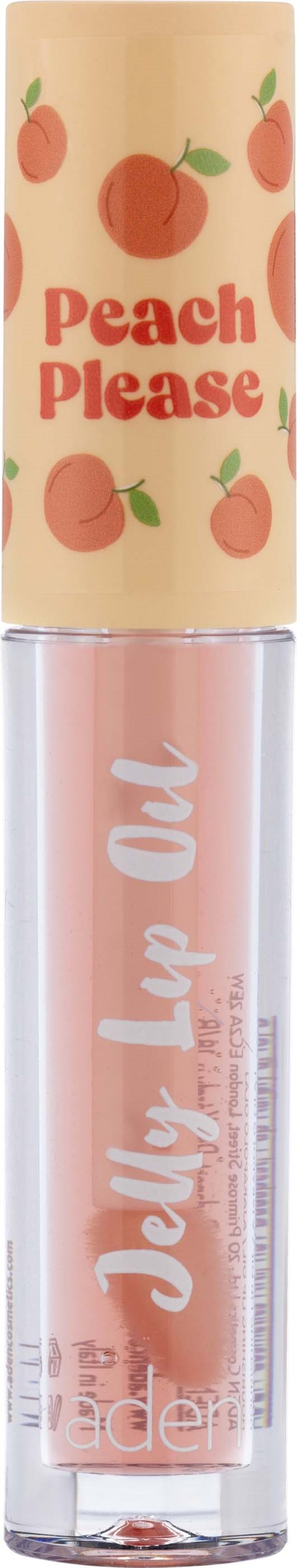 Huulikiiltonputki, jossa persikkateema kannessa ja tekstit 'Peach Please' ja 'Juicy Lip Oil'.