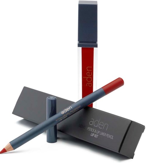 Ein Lipliner mit grauem Körper und roter Spitze, zusammen mit einem roten Lippenstift in schwarzer und roter Verpackung.