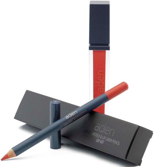 Lippen-set bevat een lipliner en een vloeibare lippenstift in bijpassende tinten. Het product is nieuw en stijlvol.
