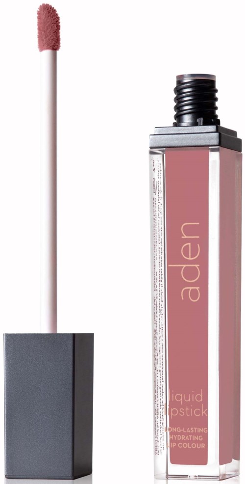 A liquid lipstick with a pink shade, wand applicator, and a rectangular packaging.