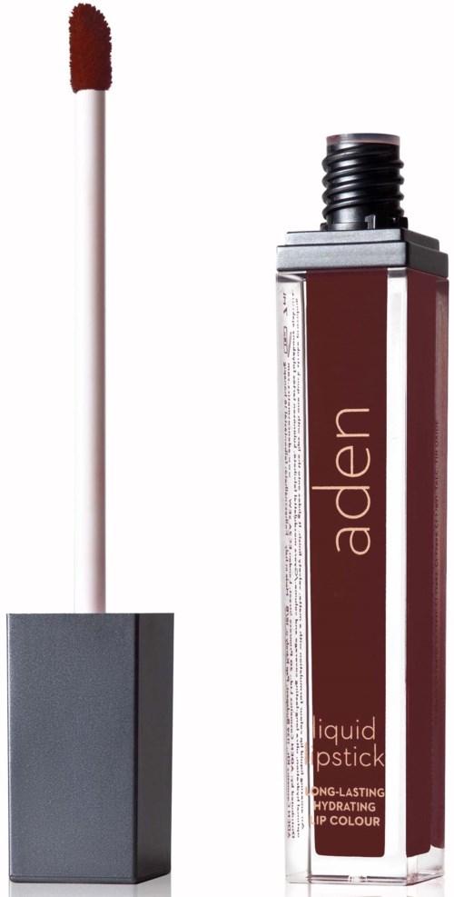 A liquid lipstick with a wand applicator stands next to its rectangular container, which is brown with the brand name 'aden' on it.