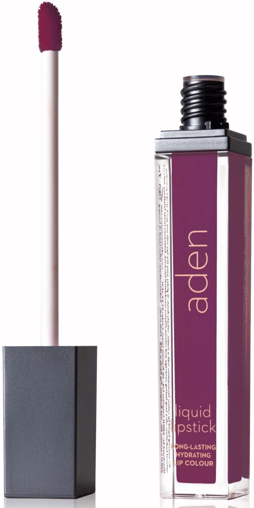 Lila flüssiger Lippenstift mit weißem Applikator und schwarzem Deckel, beschriftet 'aden'.