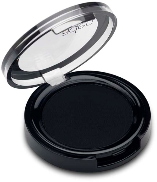 En svart rund sminke kompakt med åpent klart plastlokk, tom inni. Den har et enkelt og elegant design.
