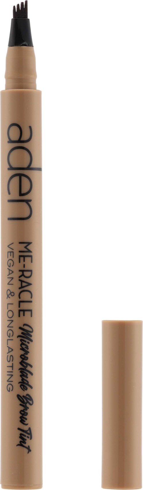 En beige eyeliner penn med svart tupp og tekst, og en hette plassert ved siden av.