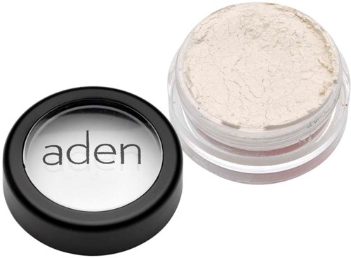 A small transparent container with white powder and a black lid labeled 'aden.'