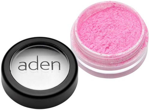 A black container with a clear top shows cream with the brand name 'aden'. Next to it is a pink powder in another container.